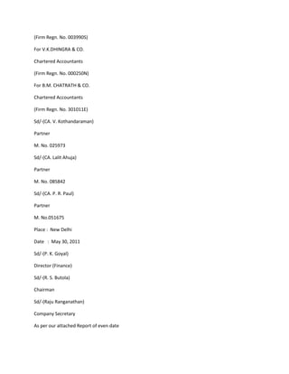 (Firm Regn. No. 003990S)

For V.K.DHINGRA & CO.

Chartered Accountants

(Firm Regn. No. 000250N)

For B.M. CHATRATH & CO.

Chartered Accountants

(Firm Regn. No. 301011E)

Sd/-(CA. V. Kothandaraman)

Partner

M. No. 025973

Sd/-(CA. Lalit Ahuja)

Partner

M. No. 085842

Sd/-(CA. P. R. Paul)

Partner

M. No.051675

Place : New Delhi

Date : May 30, 2011

Sd/-(P. K. Goyal)

Director (Finance)

Sd/-(R. S. Butola)

Chairman

Sd/-(Raju Ranganathan)

Company Secretary

As per our attached Report of even date
 