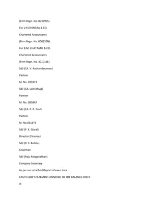 (Firm Regn. No. 003990S)

For V.K.DHINGRA & CO.

Chartered Accountants

(Firm Regn. No. 000250N)

For B.M. CHATRATH & CO.

Chartered Accountants

(Firm Regn. No. 301011E)

Sd/-(CA. V. Kothandaraman)

Partner

M. No. 025973

Sd/-(CA. Lalit Ahuja)

Partner

M. No. 085842

Sd/-(CA. P. R. Paul)

Partner

M. No.051675

Sd/-(P. K. Goyal)

Director (Finance)

Sd/-(R. S. Butola)

Chairman

Sd/-(Raju Ranganathan)

Company Secretary

As per our attached Report of even date

CASH FLOW STATEMENT ANNEXED TO THE BALANCE SHEET

st
 