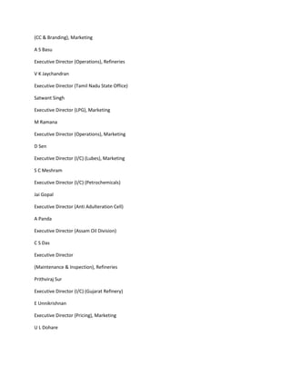 (CC & Branding), Marketing

A S Basu

Executive Director (Operations), Refineries

V K Jaychandran

Executive Director (Tamil Nadu State Office)

Satwant Singh

Executive Director (LPG), Marketing

M Ramana

Executive Director (Operations), Marketing

D Sen

Executive Director (I/C) (Lubes), Marketing

S C Meshram

Executive Director (I/C) (Petrochemicals)

Jai Gopal

Executive Director (Anti Adulteration Cell)

A Panda

Executive Director (Assam Oil Division)

C S Das

Executive Director

(Maintenance & Inspection), Refineries

Prithviraj Sur

Executive Director (I/C) (Gujarat Refinery)

E Unnikrishnan

Executive Director (Pricing), Marketing

U L Dohare
 
