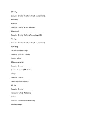 B P Baliga

Executive Director (Health, Safety & Environment),

Refineries.

S Ganguli

Executive Director (Haldia Refinery)

S Rajagopal

Executive Director (Refining Technology), R&D

A K Digar

Executive Director (Health, Safety & Environment),

Marketing

(Ms.) Madhu Bala Nangia

Executive Director(Finance),

Panipat Refinery

S Balasubramanian

Executive Director

(Human Resource), Marketing

J P Ojha

Executive Director

(Eastern Region Pipelines)

A N Jha

Executive Director

(Consumer Sales), Marketing

S Mitra

Executive Director(Petrochemicals)

P M Nazirudeen
 