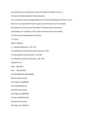 provisionally (current and previous years) and additional liability, if, any, on

this account will be provided on final assessment.

25. In compliance of Accounting Standard-27 on "Financial Reporting of Interests in Joint

Ventures", the required information is given as per Annexure-5 to this schedule.

26. Exposures to Financial and Commodity Trading Derivative Instruments

outstanding as on 31st March, 2011 is given in Annexure-6 to this schedule.

27. Remuneration paid/payable to Directors:

(` in crore)

2010-11 2009-10

i) Salaries & Allowances 5.16 4.81

ii) Contribution to Provident & Other Funds 0.31 0.46

iii) Other benefits and Perquisites 1.38 0.99

iv) Sitting Fees to Part Time Directors 1.85 2.91

Total 8.70 9.17

Place : New Delhi

Date : May 30, 2011

For PKF SRIDHAR & SANTHANAM

Chartered Accountants

(Firm Regn. No. 003990S)

For V.K.DHINGRA & CO.

Chartered Accountants

(Firm Regn. No. 000250N)

For B.M. CHATRATH & CO.

Chartered Accountants

(Firm Regn. No. 301011E)
 
