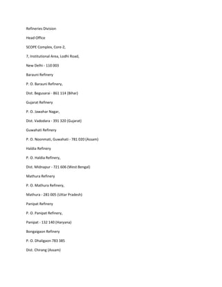 Refineries Division

Head Office

SCOPE Complex, Core-2,

7, Institutional Area, Lodhi Road,

New Delhi - 110 003

Barauni Refinery

P. O. Barauni Refinery,

Dist. Begusarai - 861 114 (Bihar)

Gujarat Refinery

P. O. Jawahar Nagar,

Dist. Vadodara - 391 320 (Gujarat)

Guwahati Refinery

P. O. Noonmati, Guwahati - 781 020 (Assam)

Haldia Refinery

P. O. Haldia Refinery,

Dist. Midnapur - 721 606 (West Bengal)

Mathura Refinery

P. O. Mathura Refinery,

Mathura - 281 005 (Uttar Pradesh)

Panipat Refinery

P. O. Panipat Refinery,

Panipat - 132 140 (Haryana)

Bongaigaon Refinery

P. O. Dhaligaon 783 385

Dist. Chirang (Assam)
 