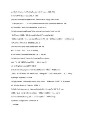 and Delhi Aviation Fuel Facility Pvt. Ltd ` 20.07 crore ( 2010 : Nil))

ii) Interest/dividend received 5.36 3.98

(Includes interest received from IOT Infrastructure Energy Services Ltd

` 1.08 crore (2010 : ` 2.74 crore) and dividend received from Indian Additives Ltd. )

iii) Consultancy Services/Other Income 62.76 48.69

(Includes Consultancy Service/Other Income from Lubrizol India Pvt. Ltd

` 36.72 crore (2010 : ` 26.46 crore), IndianOil Petronas Pvt. Ltd

` 8.00 crore (2010 : ` 0.14 crore) and Petronet LNG Ltd. ` 19.71 crore ( 2010 : ` 19.00 crore))

iv) Purchase of Products 3,823.62 2,802.02

(Includes Purchase of Products Petronet LNG Ltd `

3753.78 crore ( 2010 :` 2679.59 crores))

v) Purchase of Chemicals/materials 228.15 186.44

(Includes Purchase of chemicals /materials from Lubrizol

India Pvt. Ltd ` 227.87 crore (2010 : ` 186.44 crore)) .

vi) Handling Expenses 228.04 101.16

(Includes Handling Expenses to Indian Oil Petronas Pvt Ltd ` 79.22 crores

(2010 : ` 62.49 crores) and IndianOil Sky Tanking Ltd ` 130.91 crore (2010 : ` 28.32 crore))

vii) Freight Expenses 0.25 0.58

(Includes Freight Expenses to Lubrizol India Pvt Ltd ` 0.24 crores (2010 : ` 0.16 crores))

viii) Reimbursement of Expenses 5.08 4.11

(Includes Reimbursment of Expenses to IndianOil Petronas Pvt Ltd ` 2.49 crore

(2010 : ` 2.22 crore), Petronet LNG Ltd ` 0.52 crore ( 2010 : ` 0.51 crore)

and IndianOil Sky Tanking Ltd ` 1.57 crores (2010 : ` 0.77 crores))

ix) Interest paid/payable --Annexure - 4

(` in crore)
 
