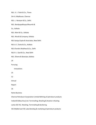 M/s. V. J. Talati & Co., Thane

Shri A. Madhavan, Chennai

M/s. L. Narayan & Co., Delhi.

M/s. Bandyopadhyaya Bhaumik &

Co., Kolkata

M/s. Mani & Co., Kolkata

M/s. Musib & Company, Kolkata

M/s Sanjay Gupta & Associates, New Delhi

M/s A. C. Dutta & Co., Kolkata

M/s Chandra Wadhwa & Co., Delhi

M/s R. J. Goel & Co., New Delhi

M/s. Shome & Banerjee, Kolkata

24

Pursuing

     Innovations

25

52

Annual

Report

26

Name Business

Chennai Petroleum Corporation Limited Refining of petroleum products

IndianOil (Mauritius) Ltd. Terminalling, Retailing & Aviation refueling

Lanka IOC PLC. Retailing, Terminalling & Bunkering

IOC Middle East FZE Lube blending & marketing of petroleum products
 