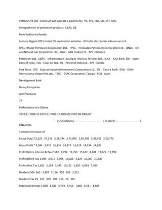 Petronet VK Ltd. Construct and operate a pipeline for PIL, RPL, EOL, SBI, KPT, GIIC,

transportation of petroleum products IL&FS, CB.

from Vadinar to Kandla.

Suntera Nigeria 205 Limited Oil exploration activities. Oil India Ltd., Suntera Resources Ltd.

BPCL- Bharat Petroleum Corporation Ltd., HPCL - Hindustan Petroleum Corporation Ltd., ONGC - Oil
and Natural Gas Corporation Ltd., GAIL - GAIL (India) Ltd., RPL - Reliance

Petroleum Ltd., IL&FS - Infrastructure Leasing & Financial Services Ltd., ICICI - ICICI Bank, SBI - State
Bank of India, EOL - Essar Oil Ltd., PIL - Petronet India Ltd., KPT - Kandla

Port Trust, GIIC - Gujarat Industrial Investment Corporation Ltd., CB - Canara Bank, DIAL - Delhi
International Airport Pvt.Ltd., TSRC - TSRC Corporation, Taiwan, ADB - Asian

Development Bank

Group Companies

Joint Ventures

27

Performance at a Glance

2010-11 2009-10 2010-11 2009-10 2008-09 2007-08 2006-07

                             ---- ( US $ Million ) ---- -------------------------- (` in crore) ---------------------------I
FINANCIAL

Turnover (Inclusive of

Excise Duty) 72,125 57,121 3,28,744 2,71,095 2,85,398 2,47,457 2,20,779

Gross Profit * 3,584 3,976 16,336 18,872 11,319 14,334 14,622

Profit Before Interest & Tax 2,582 3,294 11,769 15,632 8,281 11,626 11,990

Profit Before Tax 1,996 2,972 9,096 14,106 4,329 10,080 10,485

Profit After Tax 1,633 2,154 7,445 10,221 2,950 6,963 7,499

Dividend 506 665 2,307 3,156 910 656 2,251

Dividend Tax 79 107 359 509 155 76 362

Retained Earnings 1,048 1,382 4,779 6,556 1,885 6,231 4,886
 