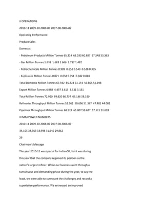 II OPERATIONS

2010-11 2009-10 2008-09 2007-08 2006-07

Operating Performance

Product Sales

Domestic

- Petroleum Products Million Tonnes 65.314 63.030 60.887 57.548 53.363

- Gas Million Tonnes 1.638 1.683 1.666 1.737 1.482

- Petrochemicals Million Tonnes 0.909 0.652 0.540 0.528 0.305

- Explosives Million Tonnes 0.071 0.058 0.051 0.042 0.048

Total Domestic Million Tonnes 67.932 65.423 63.144 59.855 55.198

Export Million Tonnes 4.988 4.497 3.613 3.331 3.131

Total Million Tonnes 72.920 69.920 66.757 63.186 58.329

Refineries Throughput Million Tonnes 52.962 50.696 51.367 47.401 44.002

Pipelines Throughput Million Tonnes 68.523 65.007 59.627 57.121 51.693

III MANPOWER NUMBERS

2010-11 2009-10 2008-09 2007-08 2006-07

34,105 34,363 33,998 31,945 29,862

29

Chairman's Message

The year 2010-11 was special for IndianOil, for it was during

this year that the company regained its position as the

nation’s largest refiner. While our business went through a

tumultuous and demanding phase during the year, to say the

least, we were able to surmount the challenges and record a

superlative performance. We witnessed an improved
 