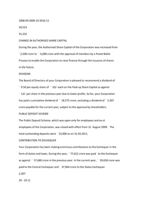 2008-09 2009-10 2010-11

50,553

55,332

CHANGE IN AUTHORISED SHARE CAPITAL

During the year, the Authorised Share Capital of the Corporation was increased from

` 2,500 crore to ` 6,000 crore with the approval of members by a Postal Ballot

Process to enable the Corporation to raise finance through the issuance of shares

in the future.

DIVIDEND

The Board of Directors of your Corporation is pleased to recommend a dividend of

` 9.50 per equity share of ` 10/- each on the Paid-up Share Capital as against

` 13/- per share in the previous year due to lower profits. So far, your Corporation

has paid a cumulative dividend of ` 18,575 crore, excluding a dividend of ` 2,307

crore payable for the current year, subject to the approval by shareholders.

PUBLIC DEPOSIT SCHEME

The Public Deposit Scheme, which was open only for employees and ex-st

employees of the Corporation, was closed with effect from 31 August 2009. The

total outstanding deposits were ` 55,000 as on 31.03.2011.

CONTRIBUTION TO EXCHEQUER

Your Corporation has been making enormous contributions to the Exchequer in the

form of duties and taxes. During the year, ` 77,622 crore was paid to the Exchequer

as against ` 57,680 crore in the previous year. In the current year, ` 39,658 crore was

paid to the Central Exchequer and ` 37,964 crore to the States Exchequer.

2,307

20 - 10 11
 