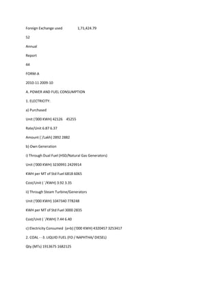 Foreign Exchange used          1,71,424.79

52

Annual

Report

44

FORM-A

2010-11 2009-10

A. POWER AND FUEL CONSUMPTION

1. ELECTRICITY:

a) Purchased

Unit (‘000 KWH) 42126 45255

Rate/Unit 6.87 6.37

Amount (`/Lakh) 2892 2882

b) Own Generation

i) Through Dual Fuel (HSD/Natural Gas Generators)

Unit (‘000 KWH) 3230991 2429914

KWH per MT of Std Fuel 6818 6065

Cost/Unit ( `/KWH) 3.92 3.35

ii) Through Steam Turbine/Generators

Unit (‘000 KWH) 1047340 778248

KWH per MT of Std Fuel 3000 2835

Cost/Unit ( `/KWH) 7.44 6.40

c) Electricity Consumed (a+b) (‘000 KWH) 4320457 3253417

2. COAL - -3. LIQUID FUEL (FO / NAPHTHA/ DIESEL)

Qty (MTs) 1913675 1682125
 