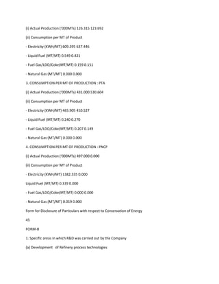 (i) Actual Production (‘000MTs) 126.315 123.692

(ii) Consumption per MT of Product

- Electricity (KWH/MT) 609.395 637.446

- Liquid Fuel (MT/MT) 0.549 0.421

- Fuel Gas/LDO/Coke(MT/MT) 0.159 0.151

- Natural Gas (MT/MT) 0.000 0.000

3. CONSUMPTION PER MT OF PRODUCTION : PTA

(i) Actual Production (‘000MTs) 431.000 530.604

(ii) Consumption per MT of Product

- Electricity (KWH/MT) 465.905 410.527

- Liquid Fuel (MT/MT) 0.240 0.270

- Fuel Gas/LDO/Coke(MT/MT) 0.207 0.149

- Natural Gas (MT/MT) 0.000 0.000

4. CONSUMPTION PER MT OF PRODUCTION : PNCP

(i) Actual Production (‘000MTs) 497.000 0.000

(ii) Consumption per MT of Product

- Electricity (KWH/MT) 1382.335 0.000

Liquid Fuel (MT/MT) 0.339 0.000

- Fuel Gas/LDO/Coke(MT/MT) 0.000 0.000

- Natural Gas (MT/MT) 0.019 0.000

Form for Disclosure of Particulars with respect to Conservation of Energy

45

FORM-B

1. Specific areas in which R&D was carried out by the Company

(a) Development of Refinery process technologies
 