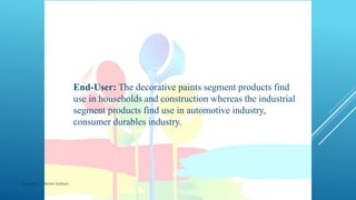 COMPONENTS OF PAINTS
 End-User: The decorative paints segment products find
use in households and construction whereas the industrial
segment products find use in automotive industry,
consumer durables industry.
Made by : Vikram Dahiya
 