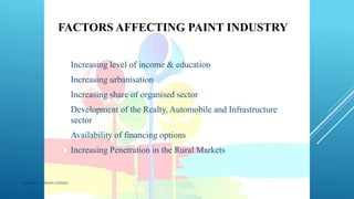 FACTORS AFFECTING PAINT INDUSTRY
 Increasing level of income & education
 Increasing urbanisation
 Increasing share of organised sector
 Development of the Realty, Automobile and Infrastructure
sector
 Availability of financing options
 Increasing Penetration in the Rural Markets
Made by : Vikram Dahiya
 