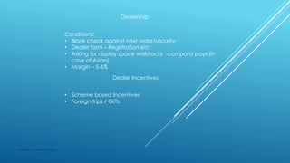 Dealership
Conditions:
• Blank check against next order/security
• Dealer form – Registration etc
• Asking for display space wall/racks -company pays (in
case of Asian)
• Margin – 5-6%
Dealer Incentives
• Scheme based Incentives
• Foreign trips / Gifts
Made by : Vikram Dahiya
 