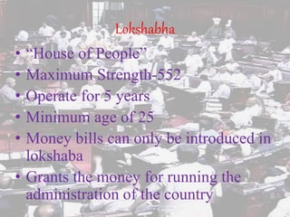 Lokshabha
• “House of People”
• Maximum Strength-552
• Operate for 5 years
• Minimum age of 25
• Money bills can only be introduced in
lokshaba
• Grants the money for running the
administration of the country
 