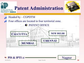 Headed by – CGPDTM
Four offices are located in four territorial zone.
PATENT OFFICE
PIS & IPTI at
Patent Administration
CALCUTTA
MUMBAI
NEW DELHI
CHENNAI
Nagpur
1004/28/16 Sagar Savale
 