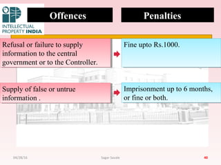 Offences Penalties
Refusal or failure to supply
information to the central
government or to the Controller.
Refusal or failure to supply
information to the central
government or to the Controller.
Fine upto Rs.1000.Fine upto Rs.1000.
Supply of false or untrue
information .
Supply of false or untrue
information .
Imprisonment up to 6 months,
or fine or both.
Imprisonment up to 6 months,
or fine or both.
4004/28/16 Sagar Savale
 