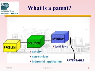 What is a patent?
PROBLEM
SOLUTION
INVENTION
novelty
non-obvious
industrial application
local laws
PATENTABLE
704/28/16 Sagar Savale
 