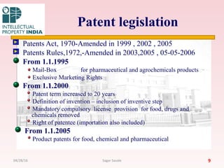 Patent legislation
Patents Act, 1970-Amended in 1999 , 2002 , 2005
Patents Rules,1972,-Amended in 2003,2005 , 05-05-2006
From 1.1.1995
Mail-Box for pharmaceutical and agrochemicals products
Exclusive Marketing Rights
From 1.1.2000
Patent term increased to 20 years
Definition of invention – inclusion of inventive step
Mandatory compulsory license provision for food, drugs and
chemicals removed
Right of patentee (importation also included)
From 1.1.2005
Product patents for food, chemical and pharmaceutical
904/28/16 Sagar Savale
 