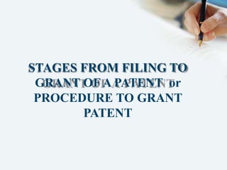 STAGES FROM FILING TO
GRANT OF A PATENT or
PROCEDURE TO GRANT
PATENT
 