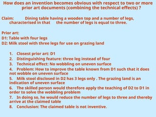 How does an invention becomes obvious with respect to two or more
prior art documents (combining the technical effects) ?
Claim: Dining table having a wooden top and a number of legs,
characterised in that the number of legs is equal to three.
Prior art:
D1: Table with four legs
D2: Milk stool with three legs for use on grazing land
1. Closest prior art: D1
2. Distinguishing feature: three leg instead of four
3. Technical effect: No wobbling on uneven surface
4. Problem: How to improve the table known from D1 such that it does
not wobble on uneven surface
5. Milk stool disclosed in D2 has 3 legs only . The grazing land is an
indication of uneven surface
6. The skilled person would therefore apply the teaching of D2 to D1 in
order to solve the wobbling problem
7. In doing so, he would reduce the number of legs to three and thereby
arrive at the claimed table
8. Conclusion: The claimed table is not inventive.
 