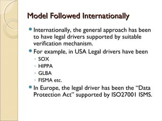 Model Followed InternationallyModel Followed Internationally
Internationally, the general approach has been
to have legal drivers supported by suitable
verification mechanism.
For example, in USA Legal drivers have been
◦ SOX
◦ HIPPA
◦ GLBA
◦ FISMA etc.
In Europe, the legal driver has been the “Data
Protection Act” supported by ISO27001 ISMS.
 