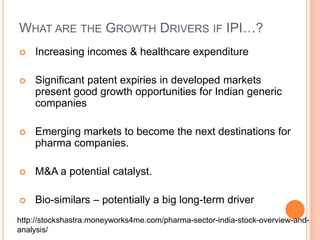 What are the Growth Drivers if IPI…?Increasing incomes & healthcare expenditureSignificant patent expiries in developed markets present good growth opportunities for Indian generic companiesEmerging markets to become the next destinations for pharma companies.M&A a potential catalyst.Bio-similars – potentially a big long-term driverhttp://stockshastra.moneyworks4me.com/pharma-sector-india-stock-overview-and-analysis/