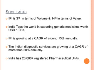 Some factsIPI is 3rd  in terms of Volume & 14th in terms of Value.India Tops the world in exporting generic medicines worth USD 10 Bn.IPI is growing at a CAGR of around 13% annually.The Indian diagnostic services are growing at a CAGR of more than 20% annually. India has 20,000+ registered Pharmaceutical Units.