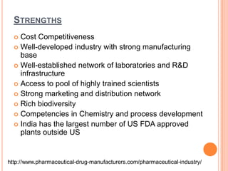 StrengthsCost CompetitivenessWell-developed industry with strong manufacturing baseWell-established network of laboratories and R&D infrastructureAccess to pool of highly trained scientistsStrong marketing and distribution networkRich biodiversityCompetencies in Chemistry and process developmentIndia has the largest number of US FDA approved plants outside UShttp://www.pharmaceutical-drug-manufacturers.com/pharmaceutical-industry/