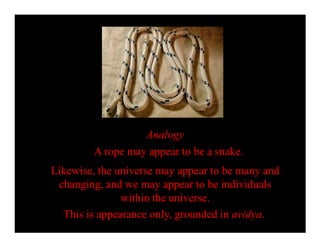 Analogy
A rope may appear to be a snake.
Likewise, the universe may appear to be many and
changing, and we may appear to be individuals
within the universe.
This is appearance only, grounded in avidya.
 
