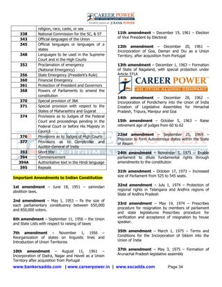 www.bankersadda.com | www.careerpower.in | www.sscadda.com Page 34
religion, race, caste, or sex
338 National Commission for the SC, & ST
343 Official languages of the Union
345 Official languages or languages of a
states
348 Languages to be used in the Supreme
Court and in the High Courts
352 Proclamation of emergency
(National Emergency)
356 State Emergency (President‘s Rule)
360 Financial Emergency
361 Protection of President and Governors
368 Powers of Parliaments to amend the
constitution
370 Special provision of J&K
371 Special provision with respect to the
States of Maharashtra and Gujarat
374 Provisions as to Judges of the Federal
Court and proceedings pending in the
Federal Court or before His Majesty in
Council
376 Provisions as to Judges of High Courts
377 Provisions as to Comptroller and
Auditor-General of India
393 Short title
394 Commencement
394A Authoritative text in the Hindi language
395 Repeals
Important Amendments to Indian Constitution
1st amendment – June 18, 1951 – zamindari
abolition laws.
2nd amendment – May 1, 1953 – fix the size of
each parliamentary constituency between 650,000
and 850,000 voters.
6th amendment – September 11, 1956 – the Union
and State Lists with respect to raising of taxes
7th amendment – November 1, 1956 –
Reorganization of states on linguistic lines and
Introduction of Union Territories
10th amendment – August 11, 1961 –
Incorporation of Dadra, Nagar and Haveli as a Union
Territory after acquisition from Portugal
11th amendment – December 19, 1961 – Election
of Vice President by Electoral
12th amendment – December 20, 1961 –
Incorporation of Goa, Daman and Diu as a Union
Territory, after acquisition from Portugal
13th amendment – December 1, 1963 – Formation
of State of Nagaland, with special protection under
Article 371A
14th amendment – December 28, 1962 –
Incorporation of Pondicherry into the Union of India
Creation of Legislative Assemblies for Himachal
Pradesh, Tripura, Manipur and Goa
15th amendment – October 5, 1963 – Raise
retirement age of judges from 60 to 62
22nd amendment – September 25, 1969 –
Provision to form Autonomous states within the State
of Assam
24th amendment – November 5, 1971 – Enable
parliament to dilute fundamental rights through
amendments to the constitution
31th amendment – October 17, 1973 – Increased
size of Parliament from 525 to 545 seats.
32nd amendment – July 1, 1974 – Protection of
regional rights in Telangana and Andhra regions of
State of Andhra Pradesh
33rd amendment – May 19, 1974 – Prescribes
procedure for resignation by members of parliament
and state legislatures Prescribes procedure for
verification and acceptance of resignation by house
speaker.
35th amendment – March 1, 1975 – Terms and
Conditions for the Incorporation of Sikkim into the
Union of India
37th amendment – May 3, 1975 – Formation of
Arunachal Pradesh legislative assembly
 