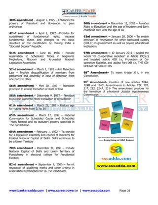 www.bankersadda.com | www.careerpower.in | www.sscadda.com Page 35
38th amendment – August 1, 1975 – Enhances the
powers of President and Governors to pass
ordinances
42nd amendment – April 1, 1977 - Provides for
curtailment of fundamental rights, imposes
fundamental duties and changes to the basic
structure of the constitution by making India a
―Socialist Secular‖ Republic
51th amendment – June 16, 1986 – Provide
reservation to Scheduled Tribes in Nagaland,
Meghalaya, Mizoram and Arunachal Pradesh
Legislative Assemblies
52nd amendment – March 1, 1985 – Anti Defection
Law – Provide disqualification of members from
parliament and assembly in case of defection from
one party to other
56th amendment – May 30, 1987 – Transition
provision to enable formation of state of Goa
58th amendment – December 9, 1987 – Provision
to publish authentic Hindi translation of constitution
61th amendment – March 28, 1989 – Reduce age
for voting rights from 21 to 18
65th amendment – March 12, 1992 – National
Commission for Scheduled Castes and Scheduled
Tribes formed and its statutory powers specified in
The Constitution.
69th amendment – February 1, 1992 – To provide
for a legislative assembly and council of ministers for
Federal National Capital of Delhi. Delhi continues to
be a Union Territory
70th amendment – December 21, 1991 – Include
National Capital of Delhi and Union Territory of
Pondicherry in electoral college for Presidential
Election
82nd amendment – September 8, 2000 – Permit
relaxation of qualifying marks and other criteria in
reservation in promotion for SC / ST candidates
86th amendment – December 12, 2002 – Provides
Right to Education until the age of fourteen and Early
childhood care until the age of six
93rd amendment – January 20, 2006 – To enable
provision of reservation for other backward classes
(O.B.C.) in government as well as private educational
institutions
97th amendment – 12 January 2012 – Added the
words ―or co-operative societies‖ in Article 19(l)(c)
and inserted article 43B i.e, Promotion of Co-
operative Societies and added Part-IXB i.e, THE CO-
OPERATIVE SOCIETIES
98th
Amendment– To insert Article 371J in the
Constitution.
99th
Amendment– Insertion of new articles 124A,
124B and 124C. Amendments to Articles 127, 128,
217, 222, 224A, 231- The amendment provides for
the formation of a National Judicial Appointments
Commission.
 