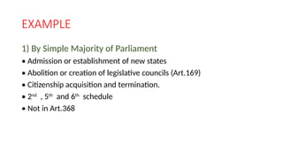 EXAMPLE
1) By Simple Majority of Parliament
• Admission or establishment of new states
• Abolition or creation of legislative councils (Art.169)
• Citizenship acquisition and termination.
• 2nd
, 5th
and 6th
schedule
• Not in Art.368
 
