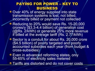 PAYING FOR POWER – KEY TO BUSINESS Over 40% of energy supplied into state transmission systems is lost, not billed, incorrectly billed or payment not collected Reducing to 20% would save Rs. 15-20,000 crores/y ($3.3-4.4 billion) of generation cost (@Rs. 2/kWh) or generate 25% more revenue if billed at the average tariff (Rs. 2.77/kWh)  Sector is a conduit for about Rs. 20,000 crore ($4.5 billion) of poorly targeted and poorly accounted subsidies each year (from budget & cross-subsidies) Even in advanced reforming states, only 55-65% of electricity sales metered Tariffs are distorted and do not cover costs 