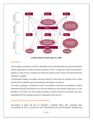 Enabled Market Model under EA 2003

Generation

Any Company, association or body of individuals (even unincorporated) can generate electricity
without requirement of techno-economic clearance of CEA, or approval of State Government or
regulator, except in case of hydropower station for which written consent of Central Electricity
Authority is required.
A Generating Company can supply electricity directly to more than one consumer and is vested
with the duty to establish, operate and maintain sub-stations, tie lines etc.
Any entity, (company, co-operative society or association of persons) can establish a Captive
Generation Plant (CGP) primarily for its own use without any entry barriers. Open access is to be
provided to all CGPs. No cross-subsidy surcharge would be levied on the persons who have
established CGP for carrying electricity to destination of his own use.

Rural Electrification/Generation/Distribution

Government of India will have to formulate a National Policy after consulting State
Governments & CEA, to govern (i) rural electrification and local distribution through local

                                              ~ 41 ~
 