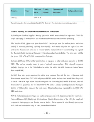 MW net, Project           Commercial
Reactor            Type                                                      Safeguards status
                               each        control       operation

Total (6)                     2976 MW

Rawatbhata also known as Rajasthan/RAPS; dates are for start of commercial operation.



Nuclear industry developments beyond the trade restrictions

Following the Nuclear Suppliers' Group agreement which was achieved in September 2008, the
scope for supply of both reactors and fuel from suppliers in other countries opened up.

The Russian PWR types were apart from India's three-stage plan for nuclear power and were
simply to increase generating capacity more rapidly. Now there are plans for eight 1000 MW
units at the Kudankulam site, and in January 2007 a memorandum of understanding was signed
for Russia to build four more there, as well as others elsewhere in India. The new units will be
the larger 1200 MW AES-2006 versions of the first two.

Between 2010 and 2020, further construction is expected to take total gross capacity to 21,180
MW. The nuclear capacity target is part of national energy policy. This planned increment
includes those set out in the Table below including the initial 300 MW Advanced Heavy Water
Reactor (AHWR).

In 2005 four sites were approved for eight new reactors. Two of the sites - Kakrapar and
Rawatbhata, would have 700 MW indigenous PHWR units, Kudankulam would have imported
1000 or 1200 MW light water reactors alongside the two being built there by Russia, and the
fourth site was greenfield for two 1000 MW LWR units - Jaitapur (Jaithalpur) in the Ratnagiri
district of Maharashtra state, on the west coast. The plan has since expanded to six 1600 MW
EPR units here.

NPCIL had exploratory meetings and technical discussions with three major reactor suppliers -
Areva of France, GE-Hitachi and Westinghouse Electric Corporation of the USA for supply of
reactors for these projects and for new units at Kaiga. These resulted in more formal agreements
with each reactor supplier early in 2009, as mentioned below.



                                            ~ 78 ~
 