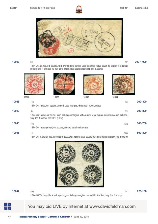 David Feldman Indian Princely States Jammu & Kashmir Stamp Auction