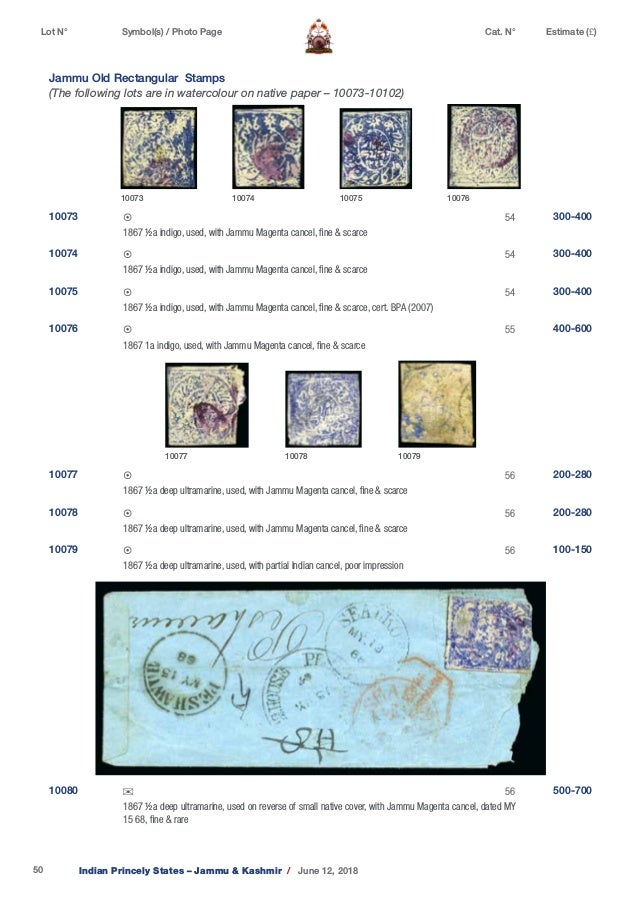 David Feldman Indian Princely States Jammu & Kashmir Stamp Auction
