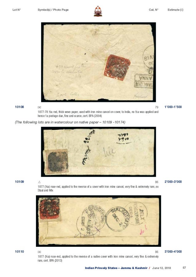 David Feldman Indian Princely States Jammu & Kashmir Stamp Auction