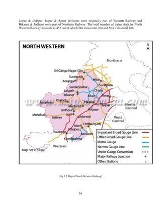 16
Jaipur & Jodhpur. Jaipur & Ajmer divisions were originally part of Western Railway and
Bikaner & Jodhpur were part of Northern Railway. The total number of trains dealt by North
Western Railway amounts to 452 out of which BG trains total 264 and MG trains total 188.
(Fig 2.2 Map of North Western Railway)
 