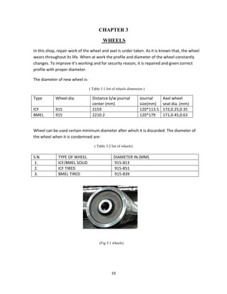 19
CHAPTER 3
WHEELS
In this shop, repair work of the wheel and axel is under taken. As it is known that, the wheel
wears throughout its life. When at work the profile and diameter of the wheel constantly
changes. To improve it’s working and for security reason, it is repaired and given correct
profile with proper diameter.
The diameter of new wheel is-
( Table 3.1 list of wheels dimension )
Type Wheel dia. Distance b/w journal
center (mm)
Journal
size(mm)
Axel wheel
seat dia. (mm)
ICF 915 2159 120*113.5 172,0.25,0.35
BMEL 915 2210.2 120*179 171,0.45,0.63
Wheel can be used certain minimum diameter after which it is discarded. The diameter of
the wheel when it is condemned are-
( Table 3.2 list of wheels)
S.N TYPE OF WHEEL DIAMETER IN (MM)
1. ICF/BMEL SOLID 915-813
2. ICF TIRED 915-851
3. BMEL TIRED 915-839
(Fig 3.1 wheels)
 