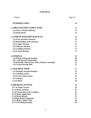 5
CONTENT
Chapter Page No
INTRODUCTION 10
1.) ORGANSATION STRUCTURE 11
1.1) Zones of Indian Railways 12
1.2) Departments 14
2.) NORTH WESTERN RAILWAY 15
2.1) Facts and Other Statistics 15
2.2) Brief Outline of the Divisions 17
2.2.1) Jaipur Division 17
2.2.2) Bikaner Division 17
2.2.3) Jodhpur Division 17
2.2.4) Ajmer Division 17
3.) WHEELS 19
3.1) Wheels testing and machine 20
3.2) Axial journal testing lathes 20
3.3) Hydraulic wheel presses with a facility of mounting 21
3.4) Vertical turning lathe 21
4.) MACHINE SHOP 22
4.1) Manually operated machine 23
4.1.1) Drilling section 23
4.1.2) Center lathe section 23
4.1.3) Shaper 24
4.1.4) Slotter 24
5.) BRAKING SYSTEM 25
5.1) Air Brake System 25
5.1.1) Brake container 25
5.1.2) Connections to the Container 27
5.1.3) Brake Application 27
5.1.4) Brake Release 27
5.2) Bogie Brake Equipment 27
5.2.1) Brake Caliper Units 28
5.2.1.1) Working principle 28
 