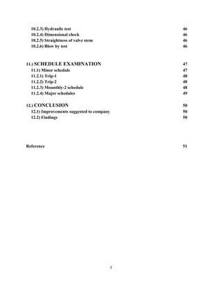 7
10.2.3) Hydraulic test 46
10.2.4) Dimensional check 46
10.2.5) Straightness of valve stem 46
10.2.6) Blow by test 46
11.) SCHEDULE EXAMINATION 47
11.1) Minor schedule 47
11.2.1) Trip-1 48
11.2.2) Trip-2 48
11.2.3) Mounthly-2 schedule 48
11.2.4) Major schedules 49
12.) CONCLUSION 50
12.1) Improvements suggested to company 50
12.2) Findings 50
Reference 51
 