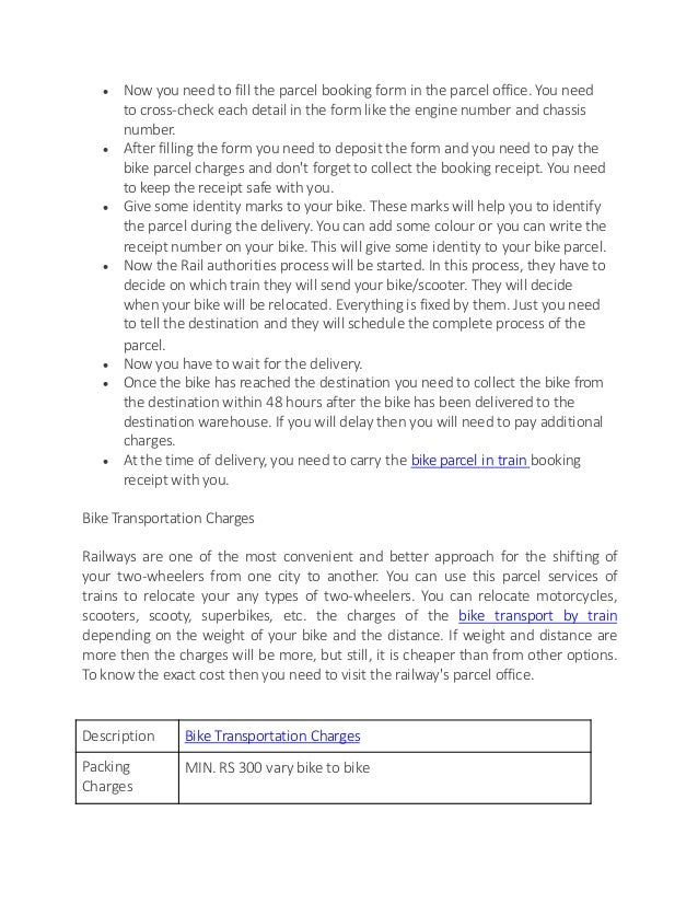 Indian railway bike parcel charges calculator from Bangalore to Delhi