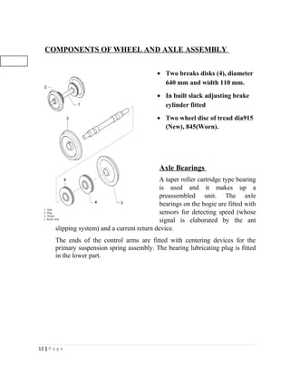 COMPONENTS OF WHEEL AND AXLE ASSEMBLY 
· Two breaks disks (4), diameter 
640 mm and width 110 mm. 
· In built slack adjusting brake 
cylinder fitted 
· Two wheel disc of tread dia915 
(New), 845(Worn). 
Axle Bearings 
A taper roller cartridge type bearing 
is used and it makes up a 
preassembled unit. The axle 
bearings on the bogie are fitted with 
sensors for detecting speed (whose 
signal is elaborated by the ant 
slipping system) and a current return device. 
The ends of the control arms are fitted with centering devices for the 
primary suspension spring assembly. The bearing lubricating plug is fitted 
in the lower part. 
12 | P a g e 
 