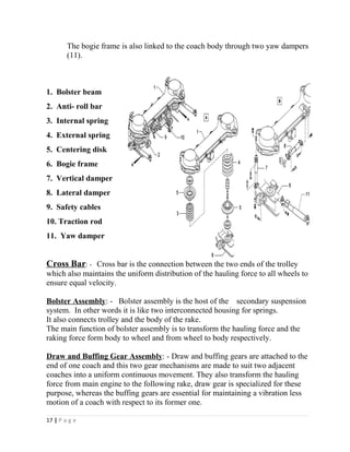 The bogie frame is also linked to the coach body through two yaw dampers 
(11). 
1. Bolster beam 
2. Anti- roll bar 
3. Internal spring 
4. External spring 
5. Centering disk 
6. Bogie frame 
7. Vertical damper 
8. Lateral damper 
9. Safety cables 
10. Traction rod 
11. Yaw damper 
Cross Bar: - Cross bar is the connection between the two ends of the trolley 
which also maintains the uniform distribution of the hauling force to all wheels to 
ensure equal velocity. 
Bolster Assembly: - Bolster assembly is the host of the secondary suspension 
system. In other words it is like two interconnected housing for springs. 
It also connects trolley and the body of the rake. 
The main function of bolster assembly is to transform the hauling force and the 
raking force form body to wheel and from wheel to body respectively. 
Draw and Buffing Gear Assembly: - Draw and buffing gears are attached to the 
end of one coach and this two gear mechanisms are made to suit two adjacent 
coaches into a uniform continuous movement. They also transform the hauling 
force from main engine to the following rake, draw gear is specialized for these 
purpose, whereas the buffing gears are essential for maintaining a vibration less 
motion of a coach with respect to its former one. 
17 | P a g e 
 