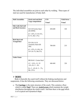 The individual assemblies are joint to each other by welding. Three types of 
steel are used for manufacture of body shell. 
Shell Assemblies Steels used and their 
 BODY 
Body is basically the coach itself without the braking mechanisms and 
suspensions. It has the following constituents. They are discussed below: 
a) The Carriage is the main structure of the coach. This contains a floor 
which is called Turf. There are Arch Levers which maintain the weight 
distribution throughout the whole coach. And then there is the roof which 
is of a typical aero dynamical shape. 
19 | P a g e 
%age compositions 
UTS 
N/mm2 
Yield Stress 
N/mm2 
Side wall, End wall 
and Roof structure 
X2 Cr8 Ferritic Steel 
(SS 409M) 
(C< .03%, Cr 10-12%, 
Si 1%, Mn 1.5%) 
450-600 320 
Roof sheet and 
Trough floor 
X5 CrNi 18 10 
Austenitic Steel (SS 
304) 
(C< .07%, Cr 18%, Ni 
10 % Si 1%, Mn 2%) 
700-850 235 
Under frame 
IRS M-41 / Corten Steel 
( C < .01%, Cr .35 
-.6%, Ni .2 - .4% 
Cu .3 - .6% Si .3 - .7%, 
Mn .25%) 
440-480 320 
 