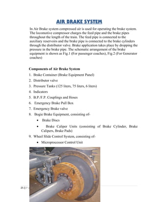 AIR BRAKE SYSTEM 
In Air Brake system compressed air is used for operating the brake system. 
The locomotive compressor charges the feed pipe and the brake pipes 
throughout the length of the train. The feed pipe is connected to the 
auxiliary reservoirs and the brake pipe is connected to the brake cylinders 
through the distributor valve. Brake application takes place by dropping the 
pressure in the brake pipe. The schematic arrangement of the brake 
equipment is shown as Fig.1 (For passenger coaches), Fig.2 (For Generator 
coaches) 
Components of Air Brake System 
1. Brake Container (Brake Equipment Panel) 
2. Distributor valve 
3. Pressure Tanks (125 liters, 75 liters, 6 liters) 
4. Indicators 
5. B.P./F.P. Couplings and Hoses 
6. Emergency Brake Pull Box 
7. Emergency Brake valve 
8. Bogie Brake Equipment, consisting of- 
· Brake Discs 
· Brake Caliper Units (consisting of Brake Cylinder, Brake 
Calipers, Brake Pads) 
9. Wheel Slide Control System, consisting of- 
· Microprocessor Control Unit 
· Speed Sensor/Pulse Generator 
25 | P a g e 
 