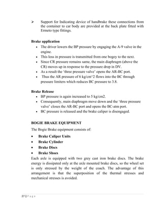 Support for Indicating device of handbrake these connections from 
the container to car body are provided at the back plate fitted with 
Ermeto type fittings. 
Brake application 
· The driver lowers the BP pressure by engaging the A-9 valve in the 
engine. 
· This loss in pressure is transmitted from one bogey to the next. 
· Since CR pressure remains same, the main diaphragm (above the 
CR) moves up in response to the pressure drop in DV. 
· As a result the ‘three pressure valve’ opens the AR-BC port. 
· Thus the AR pressure of 6 kg/cm^2 flows into the BC through 
pressure limiters which reduces BC pressure to 3.8. 
Brake Release 
· BP pressure is again increased to 5 kg/cm2. 
· Consequently, main diaphragm move down and the ‘three pressure 
valve’ closes the AR-BC port and opens the BC-atm port. 
· BC pressure is released and the brake caliper is disengaged. 
BOGIE BRAKE EQUIPMENT 
The Bogie Brake equipment consists of: 
· Brake Caliper Units 
· Brake Cylinder 
· Brake Discs 
· Brake Shoes 
Each axle is equipped with two grey cast iron brake discs. The brake 
energy is dissipated only at the axle mounted brake discs, so the wheel set 
is only stressed by the weight of the coach. The advantage of this 
arrangement is that the superposition of the thermal stresses and 
mechanical stresses is avoided. 
27 | P a g e 
 