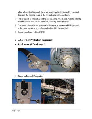 when a loss of adhesion of the axles is detected and, moment by moment, 
it adjusts the braking force to the present adhesion conditions. 
 The operation is controlled so that the skidding wheel is allowed to find the 
most favorable area for the adhesion-skidding characteristics. 
 The action of the device is controlled in order to keep the skidding wheel 
in the most favorable area of the adhesion-skid characteristic. 
 Speed signal derived for CDTS. 
 Wheel Slide Protection Equipment 
· Speed sensor & Phonic wheel 
· Dump Valve and Connector 
32 | P a g e 
 