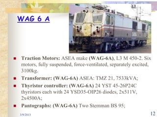 WAG 6 A




   Traction Motors: ASEA make (WAG-6A), L3 M 450-2. Six
    motors, fully suspended, force-ventilated, separately excited,
    3100kg.
   Transformer: (WAG-6A) ASEA: TMZ 21, 7533kVA;
   Thyristor controller: (WAG-6A) 24 YST 45-26P24C
    thyristors each with 24 YSD35-OIP26 diodes, 2x511V,
    2x4500A;
   Pantographs: (WAG-6A) Two Stemman BS 95;
    3/9/2013                                                     12
 