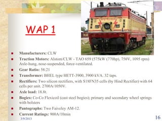 WAP 1

   Manufacturers: CLW
   Traction Motors: Alstom/CLW - TAO 659 (575kW (770hp), 750V, 1095 rpm)
    Axle-hung, nose-suspended, force-ventilated.
   Gear Ratio: 58:21
   Transformer: BHEL type HETT-3900, 3900 kVA. 32 taps.
   Rectifiers: Two silicon rectifiers, with S18FN35 cells (by Hind Rectifier) with 64
    cells per unit. 2700A/1050V.
   Axle load: 18.8t.
   Bogies: Co-Co Flexicoil (cast steel bogies); primary and secondary wheel springs
    with bolsters
   Pantographs: Two Faiveley AM-12.
   Current Ratings: 900A/10min
    3/9/2013                                                                             16
 